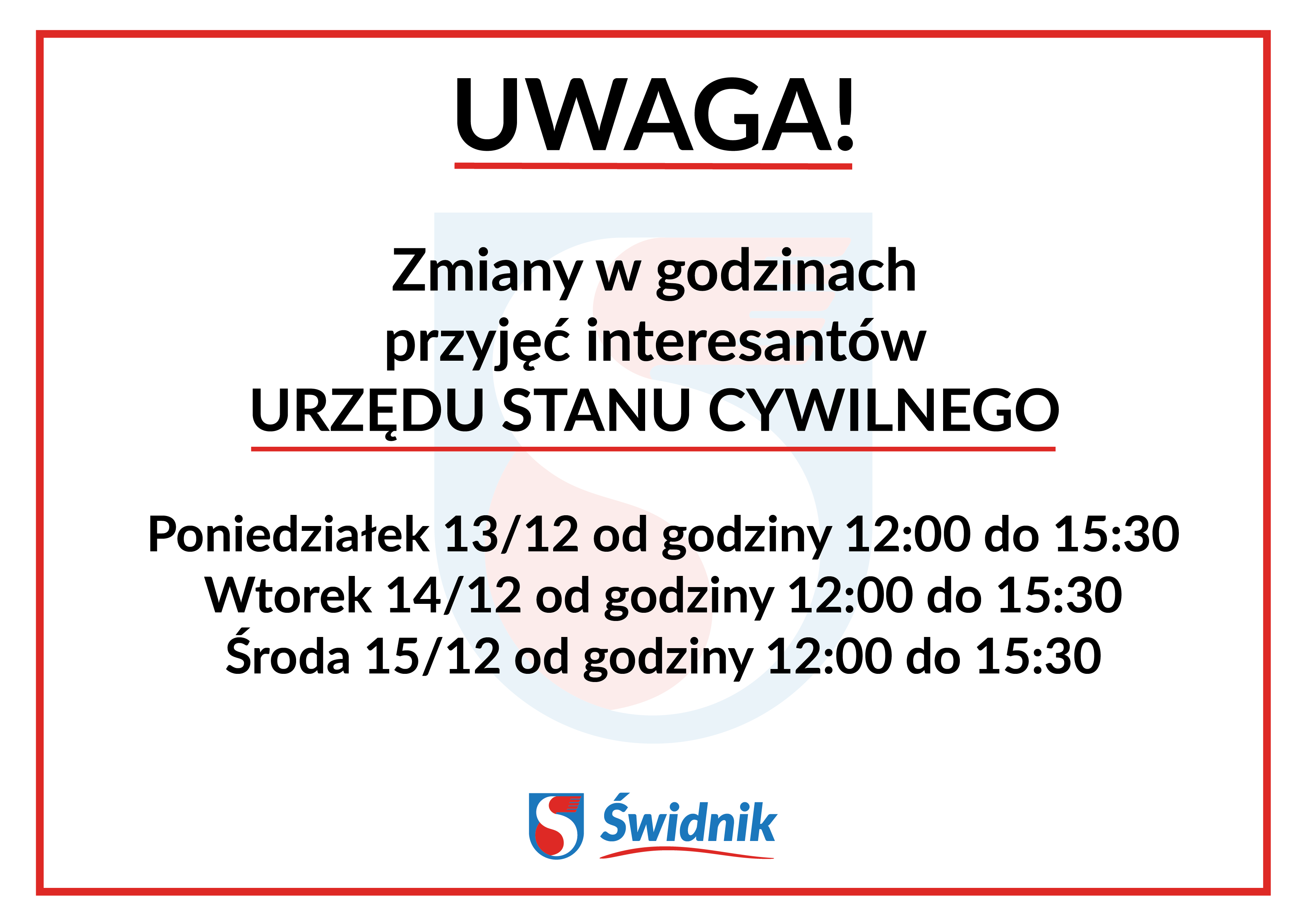 Grafika przedstawia godziny pracy Urzędu Stanu Cywilnego