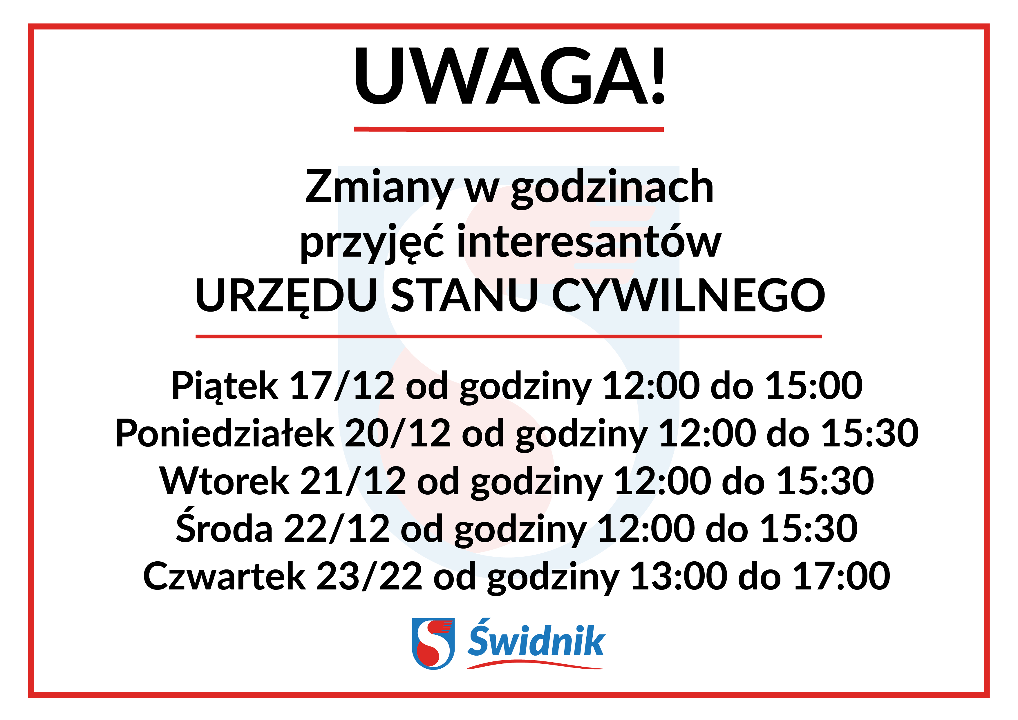 Grafika przedstawia godziny przyjęć interesantów Urzędu Stanu Cywilnego